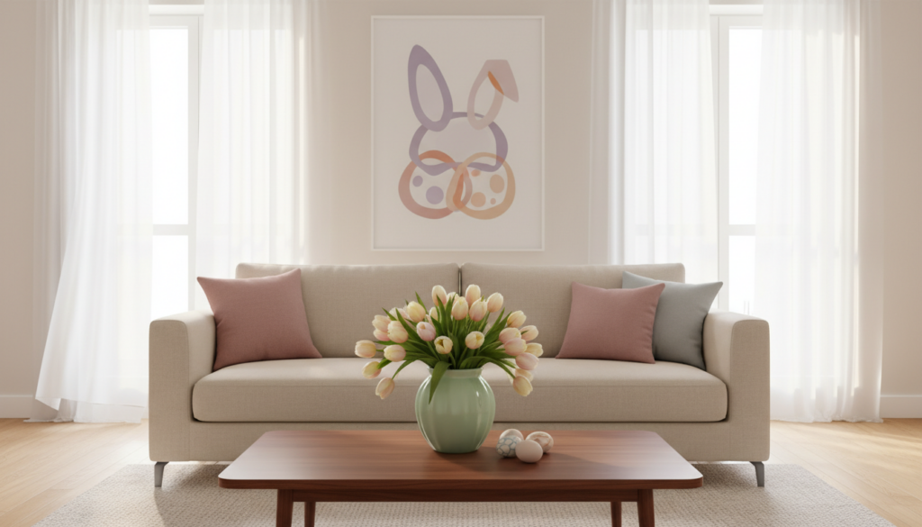 Minimal Easter DIY projects for modern homes featuring a beige sofa with pastel pillows, a wooden coffee table with a light green vase of pale pink tulips and three simple decorative eggs, set in a bright modern living room with abstract pastel artwork.