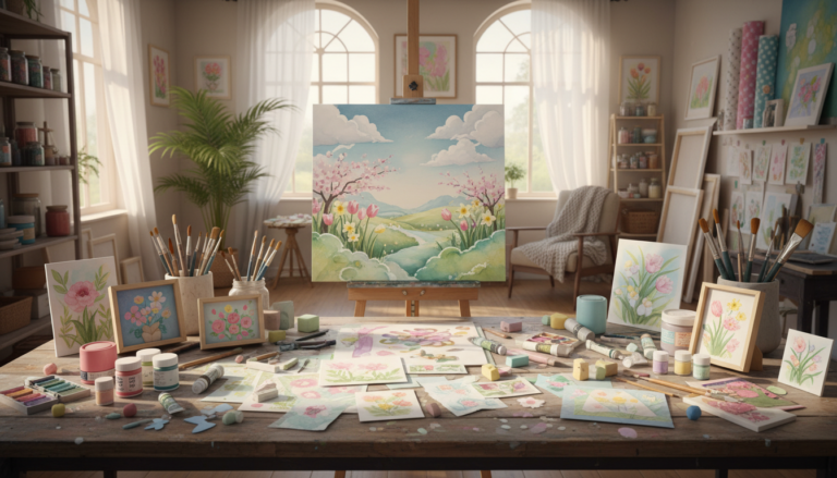 Soft pastel DIY projects inspired by spring skies featuring an art studio with a large canvas painted in pastel sky tones, surrounded by paintbrushes, pastel sticks, paint tubes, and floral artwork in a bright room with arched windows.