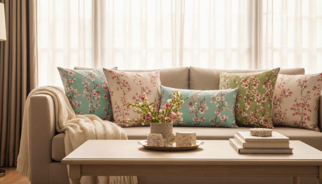 How to reset your home for spring without redecorating featuring a beige sofa with pastel floral pillows, a cream knitted throw, a light coffee table with a small floral arrangement and books, and sheer curtains letting in soft natural light.