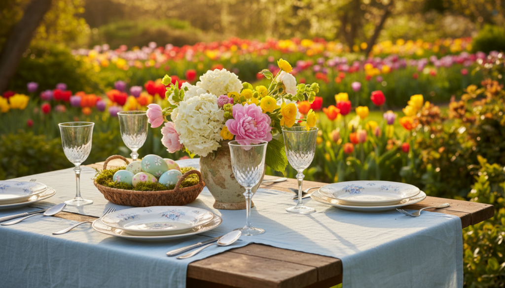 Botanical Easter decor ideas inspired by spring gardens featuring an outdoor table set with floral‑patterned plates, crystal glasses, a rustic vase of spring flowers, and a woven basket of pastel Easter eggs, surrounded by a vibrant garden of blooming tulips.