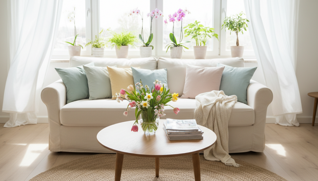 How to reset your home for spring without redecorating featuring a white sofa with pastel cushions, a knitted throw, a round wooden coffee table with a vase of tulips and daffodils, magazines, and potted plants on a bright windowsill with sheer curtains.