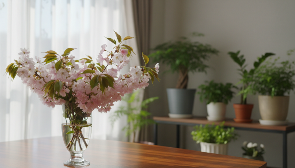 Bringing spring indoors with branches, blossoms, and greenery featuring a wooden table with a glass vase of light pink cherry blossoms, soft natural light through sheer curtains, and a background filled with potted plants on shelves in a bright, serene room.