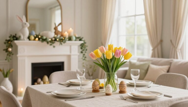 Creating a peaceful Easter atmosphere featuring a softly decorated dining room with a light tablecloth, white plates, clear wine glasses, a vase of yellow and pink tulips, and pastel eggs with hand‑drawn faces on wooden stands, with a fireplace decorated with greenery, candles, and bunny figurines in the background.