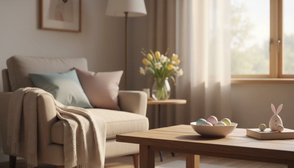 Subtle Easter home styling ideas for small spaces featuring a cozy armchair with pastel cushions and a textured throw, a wooden side table with a vase of yellow and white tulips, and a coffee table decorated with pastel eggs and a small bunny ornament in a softly sunlit living room.