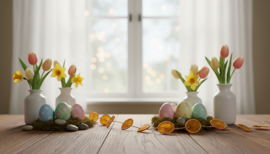 Make elegant Easter decorations with everyday materials featuring a wooden table styled with white ceramic vases of tulips and daffodils, pastel eggs arranged on moss with small stones, and a dried orange slice garland illuminated by soft natural light from sheer‑curtained windows.