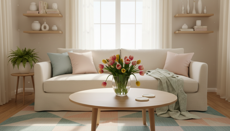 Create a fresh spring atmosphere with simple details featuring a cozy living room with a beige sofa, pastel throw pillows, a green checkered blanket, a round wooden coffee table with a vase of colorful tulips, a potted plant on a side table, wall‑mounted wooden shelves with decor, and natural light coming through sheer curtains.