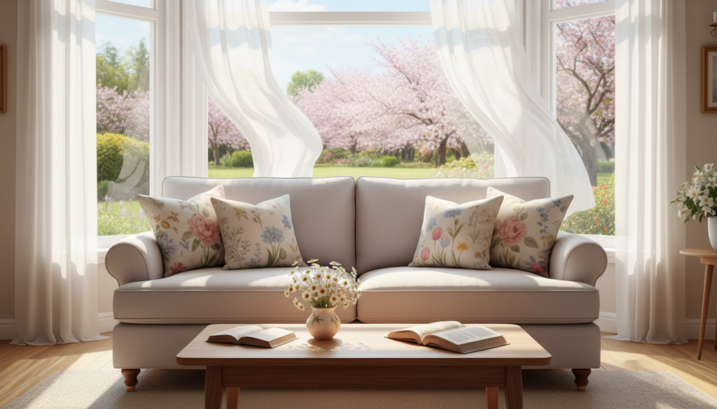 Creating a peaceful home environment for the spring months featuring a bright living room with a beige sofa, pastel floral pillows, a wooden coffee table with open books and a small vase of white flowers, sheer curtains blowing gently, and blooming cherry blossom trees visible through large windows.