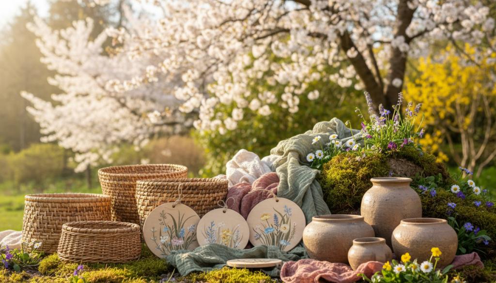 Spring inspired handmade pieces using natural textures featuring woven baskets, hand‑painted wooden plaques, clay pots, and pastel fabrics arranged outdoors on moss among blooming spring flowers with cherry blossoms in the background.