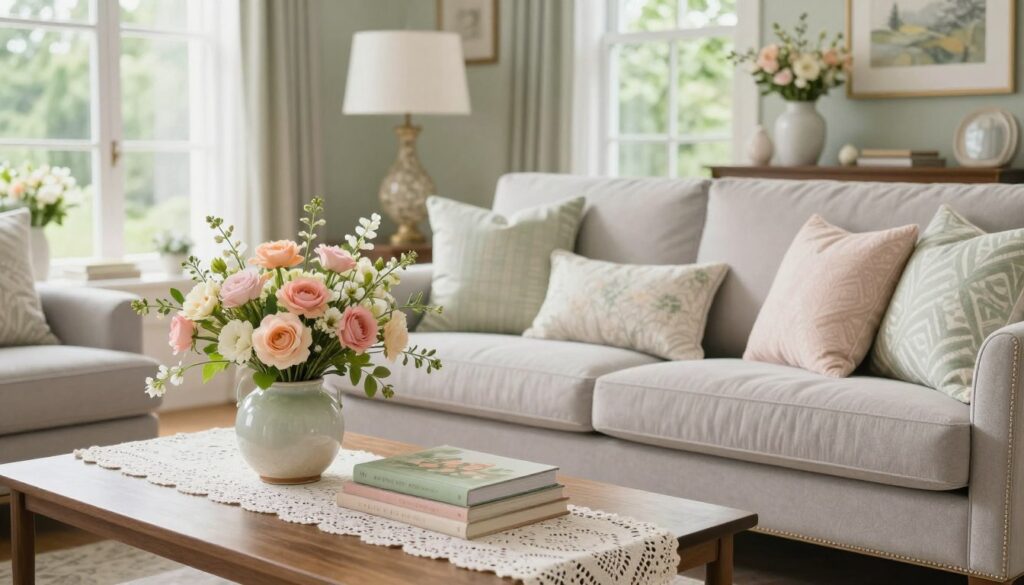 Timeless Easter styling ideas that don’t feel overly themed featuring a soft, elegant living room with a light gray sofa, pastel decorative pillows, a wooden coffee table with a lace runner, a ceramic vase of pink and peach flowers, and natural light from large windows.