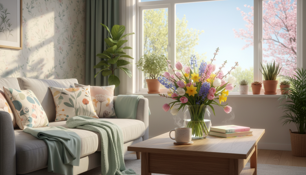 Creative ways to update your home for spring without spending much featuring a bright living room with a light sofa, floral and botanical pillows, a green throw blanket, a wooden coffee table with a vase of colorful spring flowers, books, a mug, potted plants on the windowsill, and blooming trees visible outside.