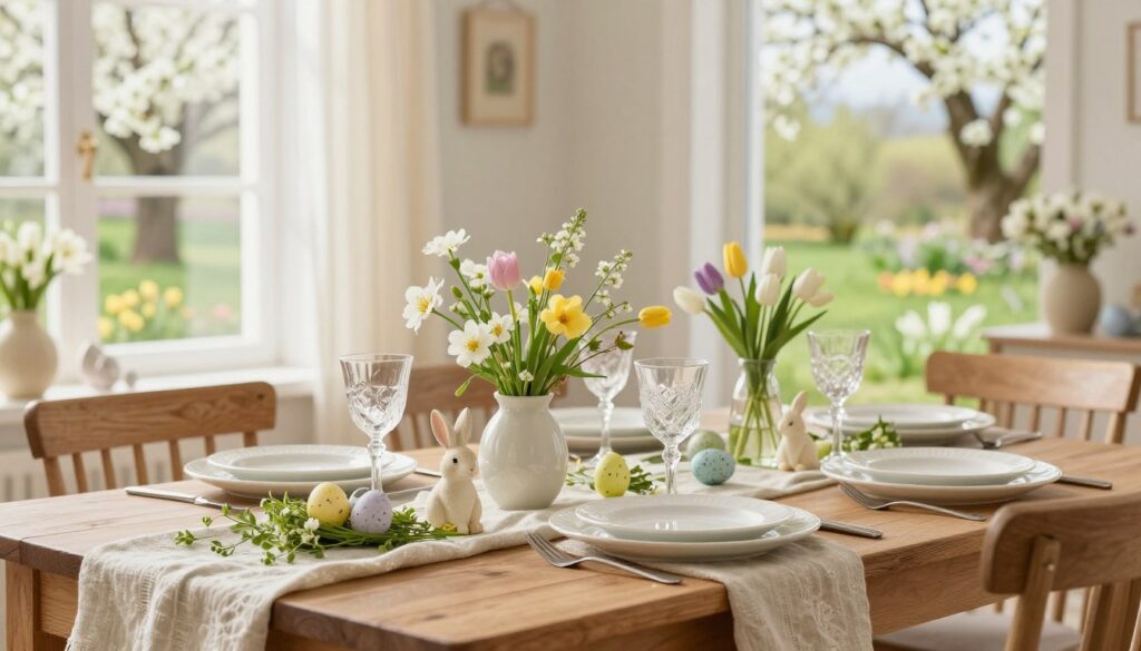 Timeless Easter styling ideas that don’t feel overly themed featuring a bright spring dining table with pastel eggs, ceramic bunny figurines, fresh flower arrangements in vases, white plates, ornate glass goblets, and a soft table runner, with blooming trees visible through large windows.