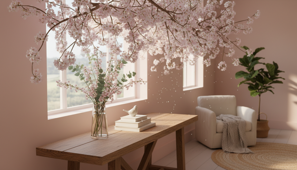 Bringing spring indoors with branches, blossoms, and greenery featuring a wooden table with a glass vase of pink cherry blossoms, books, a small white bird figurine, hanging cherry blossom branches above, a cozy white armchair with a textured throw, a woven rug, and a tall green plant in a softly lit room.