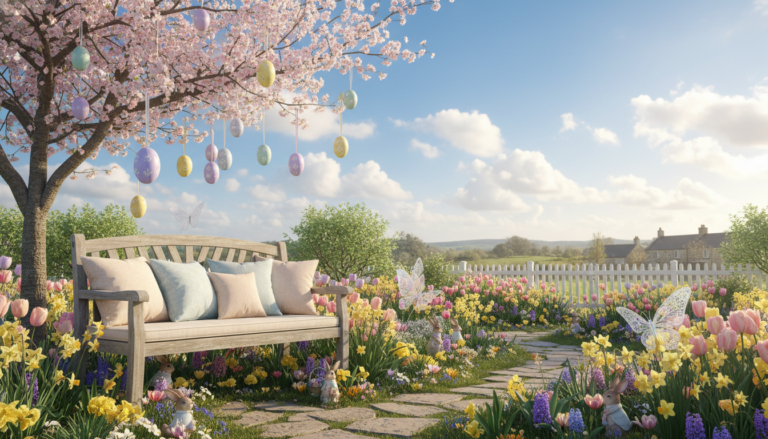 Make elegant Easter decorations with everyday materials featuring a spring garden scene with a wooden bench under a blooming tree, pastel cushions, hanging decorative eggs, colorful spring flowers, and whimsical figurines along a stone pathway.