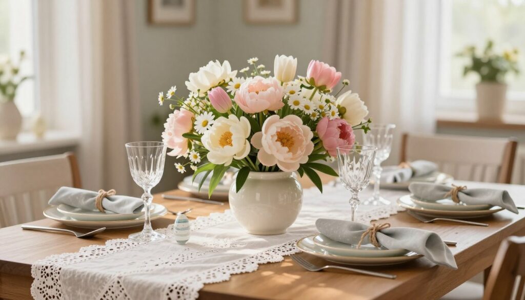 Creating a peaceful Easter atmosphere featuring a softly lit dining table with a white lace runner, a white ceramic vase filled with pink and white spring flowers, pastel‑painted eggs, light gray napkins tied with twine, crystal glasses, and potted plants on bright windowsills.
