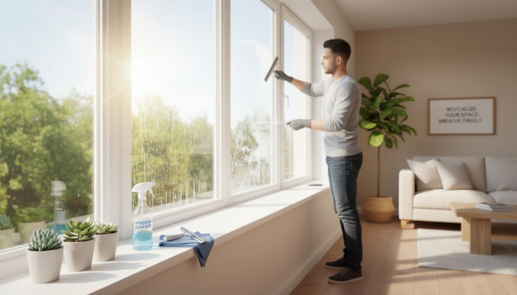 Creating a peaceful home environment for the spring months featuring a bright living room with large windows, a person cleaning the glass with a squeegee, small potted succulents on the windowsill, a spray bottle and cloth, a beige sofa, a wooden coffee table, and sunlight filling the room.