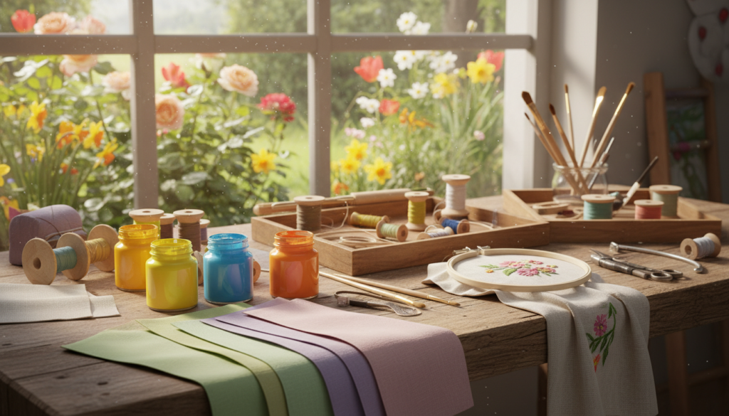 Spring inspired handmade pieces using natural textures featuring a bright craft workspace with embroidery hoops, colorful threads, paint jars, brushes, scissors, and folded felt on a wooden table near a window overlooking a blooming spring garden.