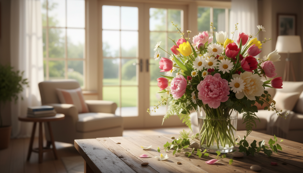 Creative ways to update your home for spring without spending much featuring a bright living room with a wooden table holding a large glass vase of mixed spring flowers, including pink peonies, tulips, and daisies, with sunlight streaming through tall glass doors and cozy seating in the background.