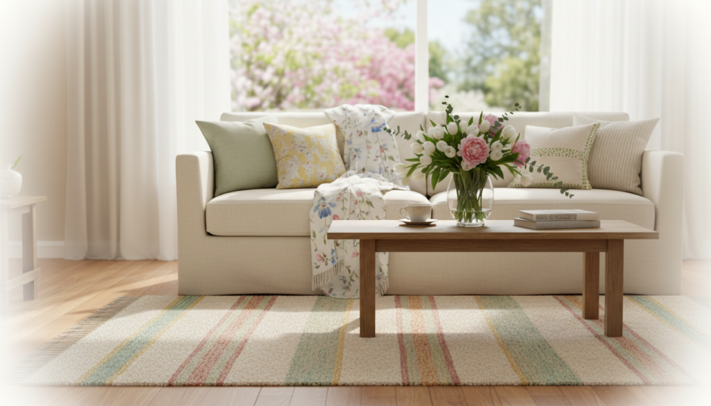 Create a fresh spring atmosphere with simple details featuring a cozy living room with a beige sofa, pastel floral pillows, a wooden coffee table with a vase of pink roses and white tulips, stacked books, a cup and saucer, sheer curtains, and blooming pink trees visible through a large window.