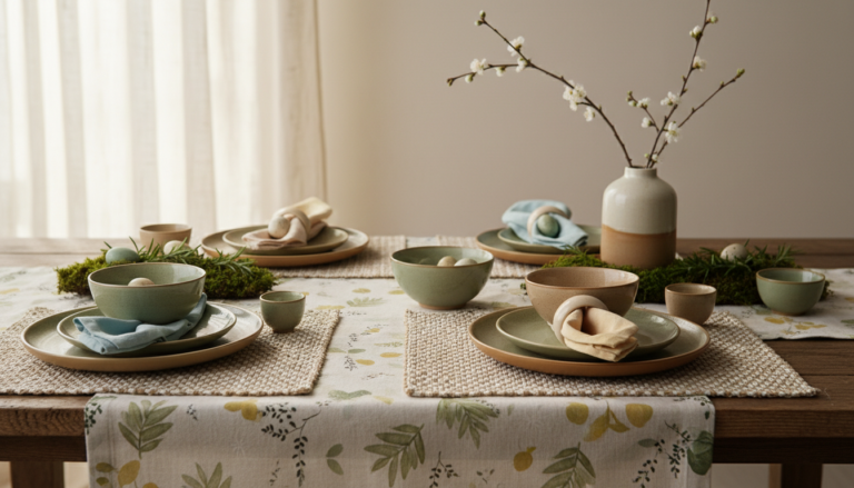 Minimal Easter table styling with earthy tones featuring a dining table set with muted green and beige ceramic plates, bowls, and cups, pastel cloth napkins in napkin rings, woven placemats, a floral table runner, moss and decorative eggs as a centerpiece, and a ceramic vase with blooming branches.