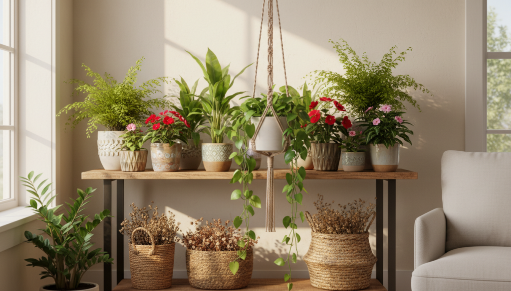 How to create a peaceful spring atmosphere indoors featuring a wooden shelf filled with potted green and flowering plants, a hanging macramé planter, woven baskets with dried elements, and natural light streaming through large windows beside a cozy armchair.