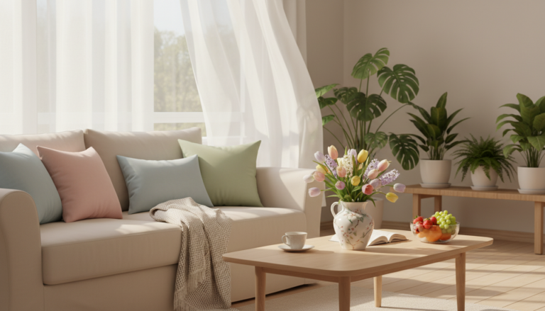 How to create a peaceful spring atmosphere indoors featuring a cozy living room with a beige sofa, pastel pillows, a wooden coffee table with tulips, fruit, and an open book, and potted plants near sunlit windows with sheer curtains.