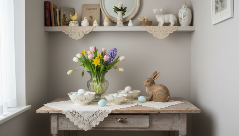 Subtle Easter home styling ideas for small spaces featuring a rustic tabletop with a glass vase of spring flowers, pastel Easter eggs in decorative bowls, a rabbit figurine, and a white shelf above displaying lace doilies, ceramic figurines, vintage books, and a small floral arrangement.