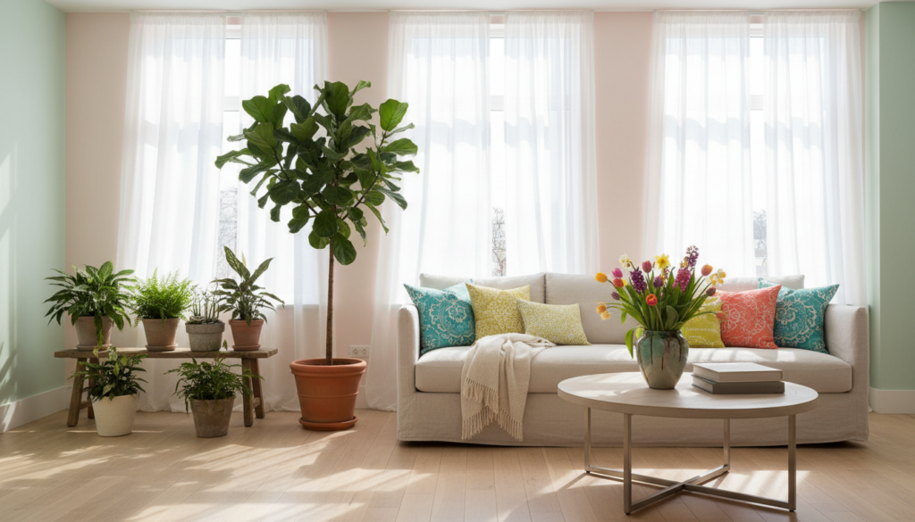 How to refresh dark rooms for spring without painting featuring a bright living room with a white sofa, colorful pillows in turquoise, yellow, and coral, a beige throw, a round wooden coffee table with tulips and books, several potted plants arranged on a wooden bench, a tall indoor tree, sheer curtains, and soft natural light filling the space.