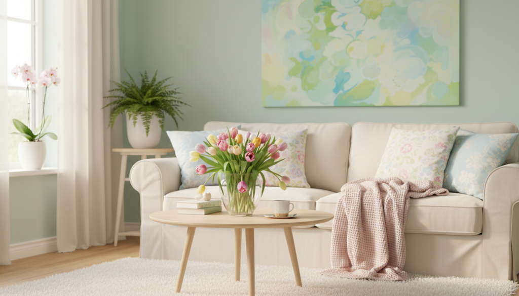Shift your home into spring mode without a full makeover featuring a cozy living room with a beige sofa, floral cushions, a pink knitted throw, a wooden coffee table with tulips, books, a cup and saucer, a potted fern on a side table, an orchid on the windowsill, and soft natural light coming through sheer curtains.