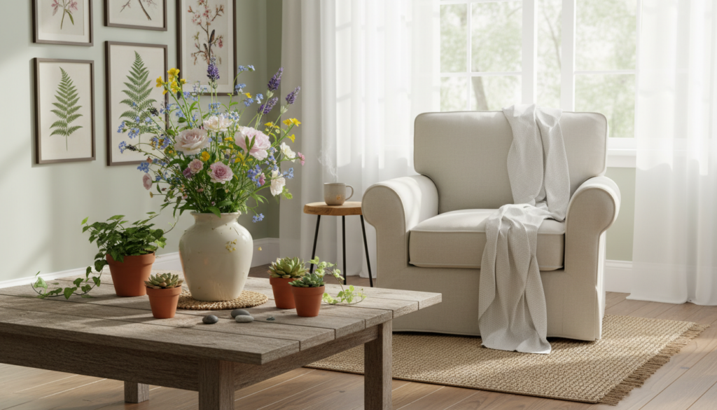 Decorating with nature: simple ways to bring spring inside featuring a cozy living room corner with a cream armchair, a textured blanket, a wooden coffee table with potted plants and a large vase of colorful spring flowers, a small side table with a mug, framed botanical prints on the wall, and sheer curtains letting in natural light.
