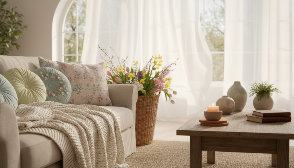 Add soft handmade details to your home this spring featuring a cozy living room with a beige sofa, pastel and floral pillows, a knitted cream throw, a woven basket filled with colorful spring flowers, a wooden coffee table with a lit candle, ceramic vases, a small plant, stacked books, and soft natural light coming through arched windows with sheer curtains.