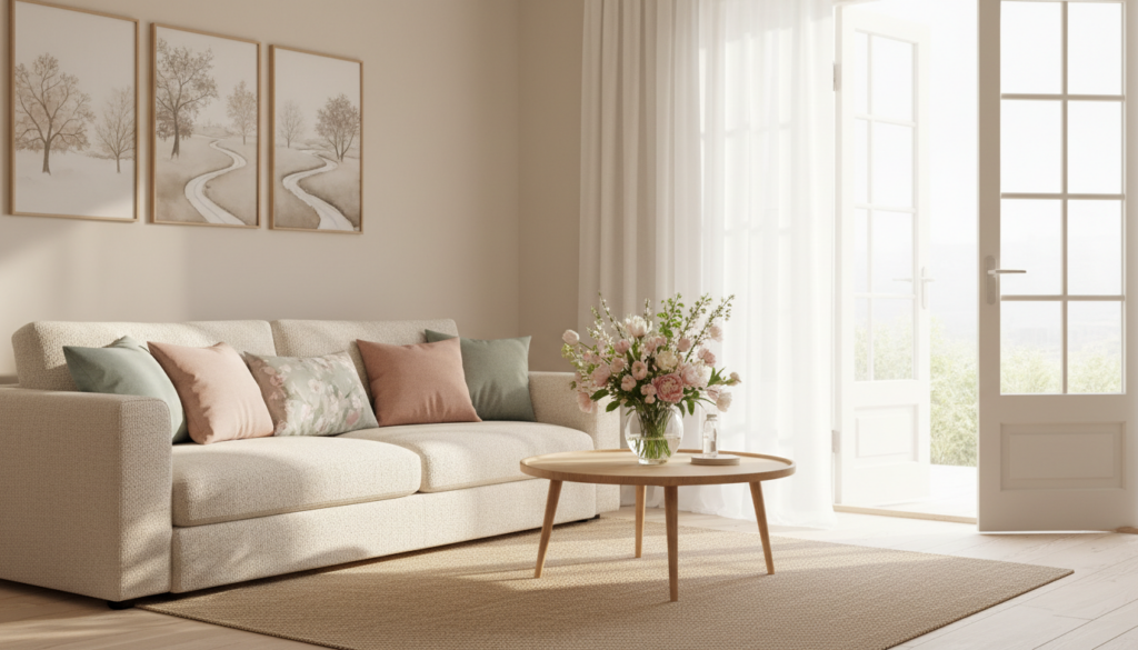 Creating a soft spring glow in your home with light and texture featuring a bright living room with a beige textured sofa, pastel and floral pillows, a round wooden coffee table with a vase of pink and white flowers, minimalist tree artwork on the wall, and sheer curtains framing French doors that let in natural light.