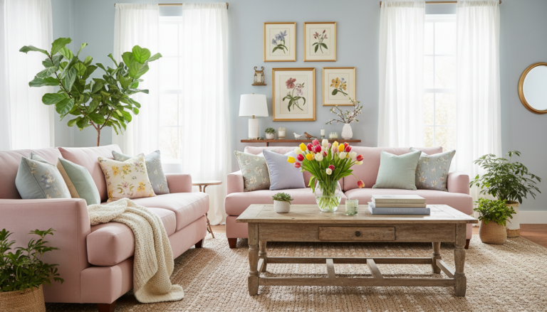 Spring home ideas for a cozy yet airy atmosphere featuring a bright living room with two light pink sofas, pastel and floral pillows, a rustic wooden coffee table with tulips, a small plant and books, sheer curtains, botanical wall art, and several green houseplants including a large fiddle‑leaf fig.