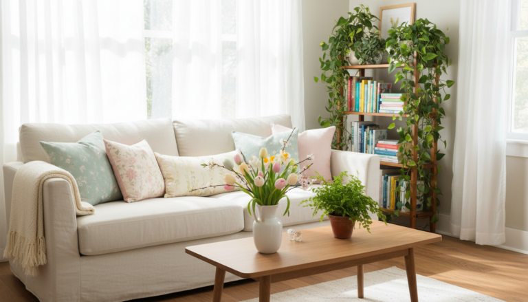 Spring home ideas for small spaces that need more light featuring a bright living room with a beige sofa, pastel floral pillows, a cream knitted throw, a wooden coffee table with tulips and a small fern, a wooden bookshelf decorated with cascading plants, and sheer curtains allowing soft natural light into the room.