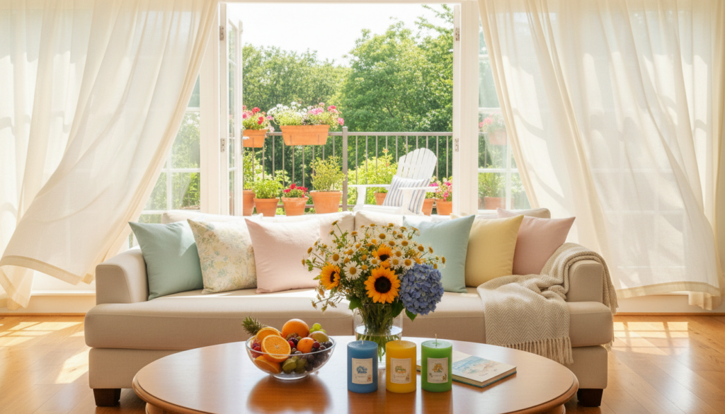 Transition your home into summer mode effortlessly featuring a bright living room with open French doors leading to a balcony full of plants, a light sofa with pastel cushions and a soft throw, a wooden coffee table with fresh flowers, fruit, colorful candles, and sheer curtains letting in abundant natural light.