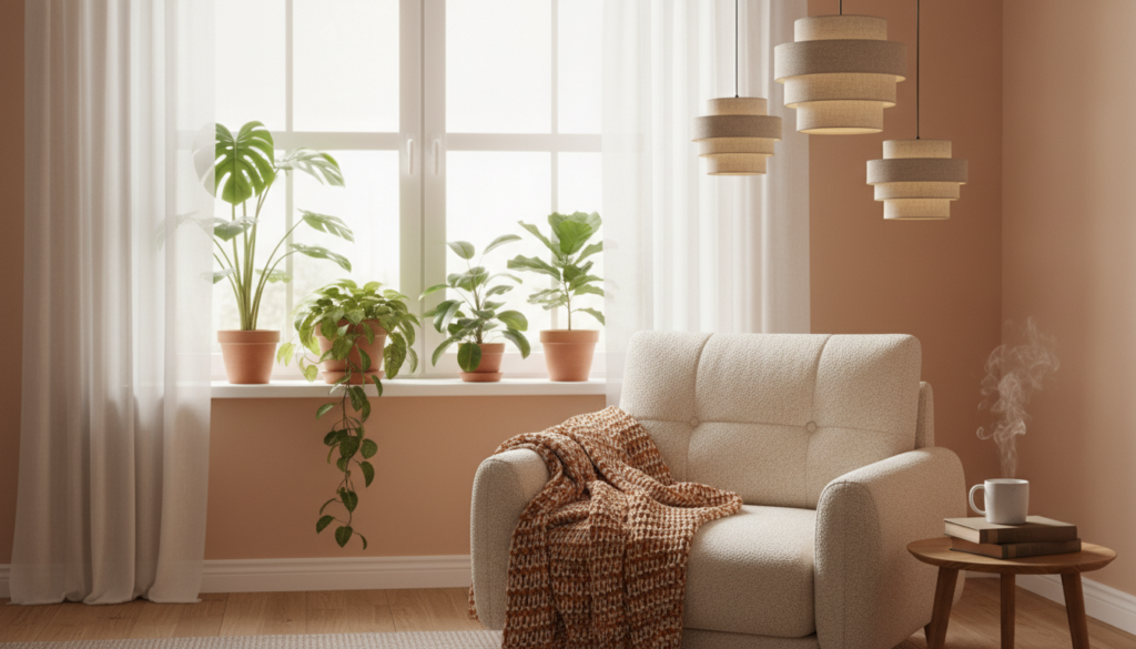 How to refresh dark rooms for spring without painting featuring a cozy living room corner with a beige armchair, a brown knitted blanket, a round wooden side table with a steaming mug and books, several potted plants on a windowsill, layered pendant lights, sheer curtains, and soft natural light.
