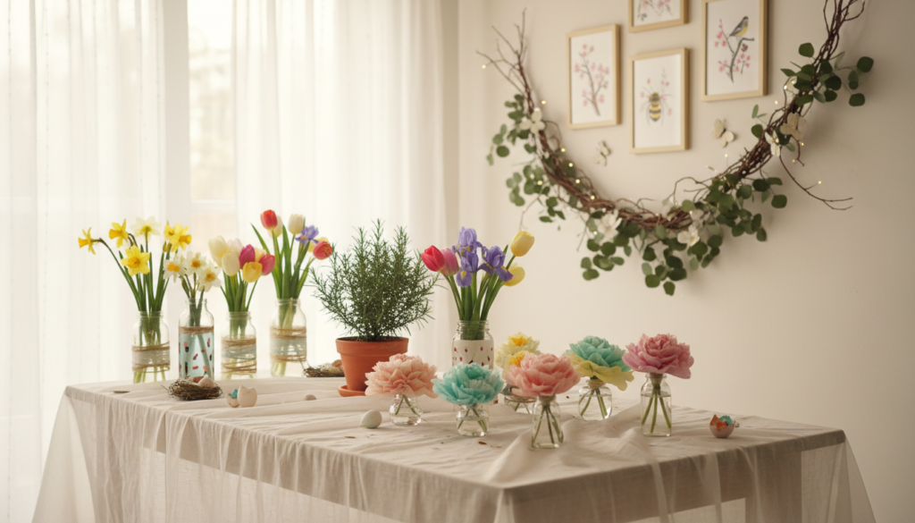 Spring home ideas for a cozy yet airy atmosphere featuring a bright table arrangement with glass jars and small vases of colorful spring flowers, a potted plant in the center, a twig and greenery wreath with small lights on the wall, framed botanical illustrations, and sheer curtains letting in soft natural light.