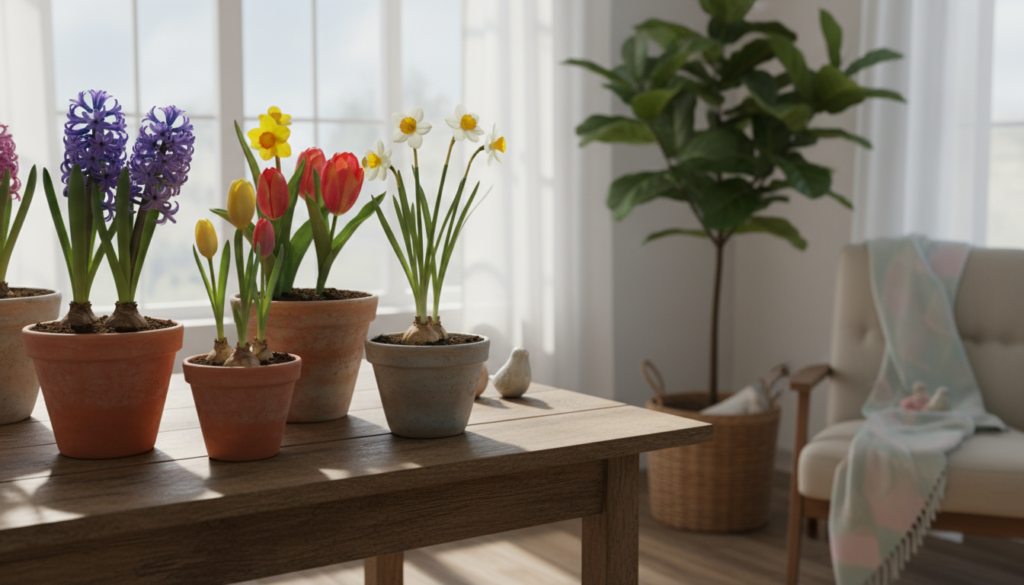 Decorating with nature: simple ways to bring spring inside featuring a bright indoor scene with potted spring flowers—hyacinths, tulips, and daffodils—arranged on a wooden table near a large window, a cozy chair with a pastel blanket, a woven basket, and a tall leafy plant in soft natural light.