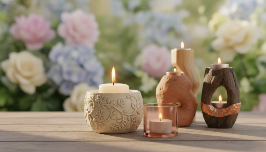 Add soft handmade details to your home this spring featuring a cozy living room corner with a beige sofa, pastel and floral pillows, a knitted cream throw, a woven basket filled with colorful flowers, a wooden table with lit candles in assorted handcrafted holders, and pastel flowers softly blurred in the background.