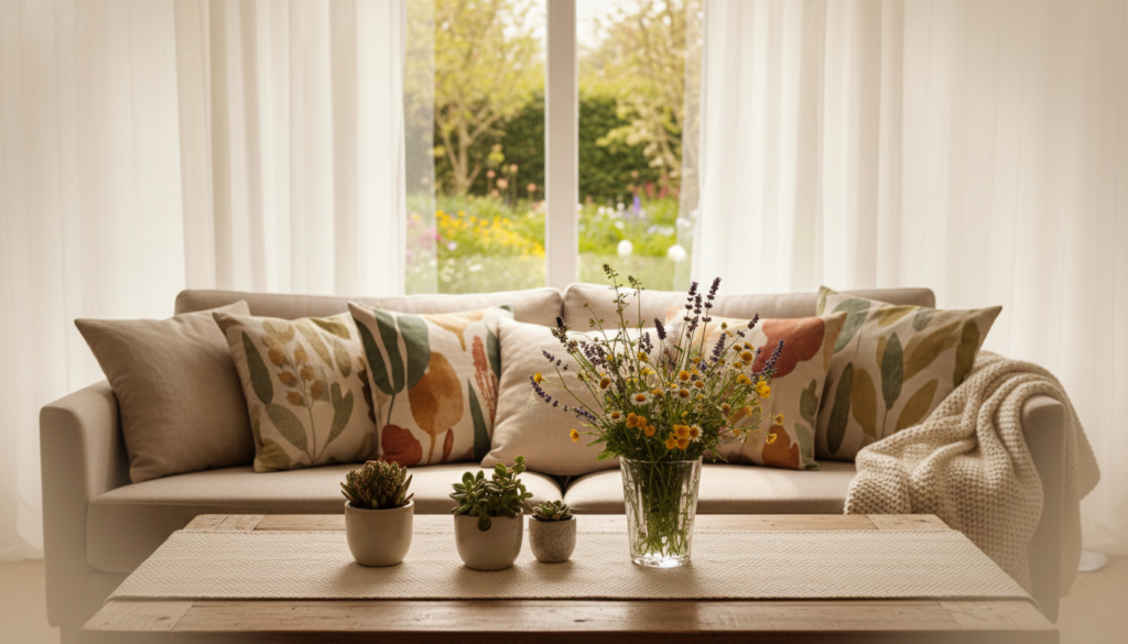 Creating a soft spring glow in your home with light and texture featuring a bright living room with a beige sofa, botanical pillows in earthy tones, a knitted cream throw, a wooden coffee table with succulents and a vase of wildflowers, and sheer curtains letting in natural light with a garden visible outside.
