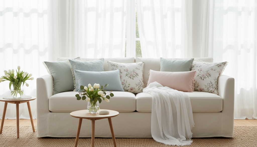 Spring home ideas for small spaces that need more light featuring a bright living room with a white sofa, pastel and floral pillows, a textured throw, two small wooden side tables each holding a vase of white tulips, and large windows with sheer curtains letting in soft natural light.