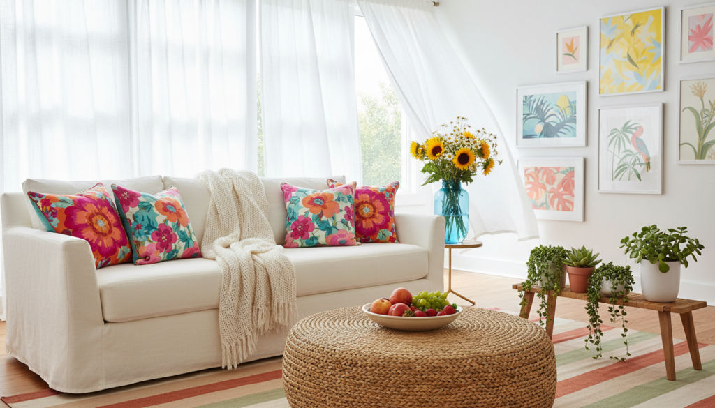 Transition your home into summer mode effortlessly featuring a bright living room with a white sofa, colorful floral pillows, a cream knitted throw, a woven ottoman used as a coffee table with a bowl of fresh fruit, a wooden bench with potted plants, sheer curtains, botanical wall art, and a blue vase of sunflowers.