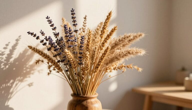 A beautifully arranged collection of dried summer florals and grasses, prominently featuring soft golden wheat stalks, delicate lavender sprigs, and feathery pampas grass. The foreground showcases a rustic wooden vase, filled to the brim with these sun-kissed hues, creating an inviting focal point. In the middle, a gentle blur of soft pastel backgrounds featuring a sunlit wall and table that evoke warmth and tranquility. The lighting is soft and natural, with golden hour sunlight filtering through, casting gentle shadows that enhance the textures of the dried botanicals. The overall mood is serene and nostalgic, perfect for a cozy interior setting, highlighting the beauty of nature preserved in time. The image should feel harmonious and balanced, evoking a sense of calm and rustic elegance.