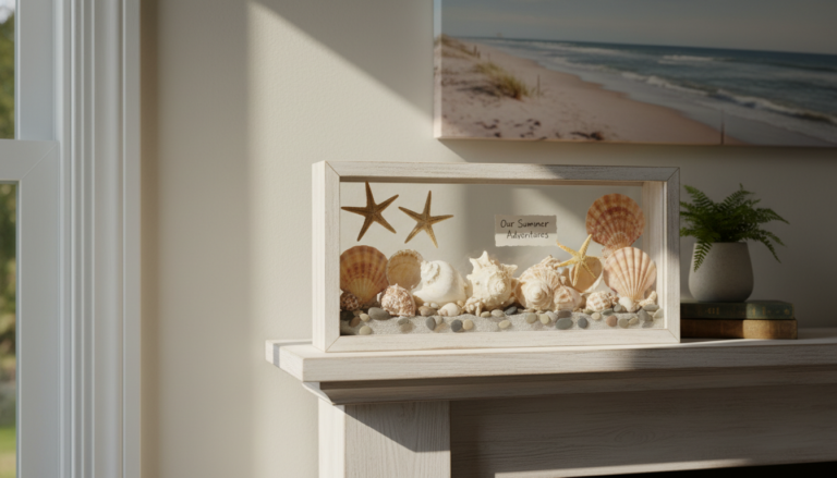 DIY seashell shadow box showing a wooden shadow box filled with seashells, starfish, and pebbles arranged on a sandy base, with a label reading “Our Summer Adventures,” placed on a wooden shelf beside a beach photo and a small potted plant.
