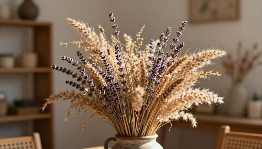 Decorate with dried summer florals and grasses featuring a ceramic vase filled with dried wheat, pampas grass, and lavender, placed on a wooden table in a softly lit neutral room with pottery and framed art in the background.