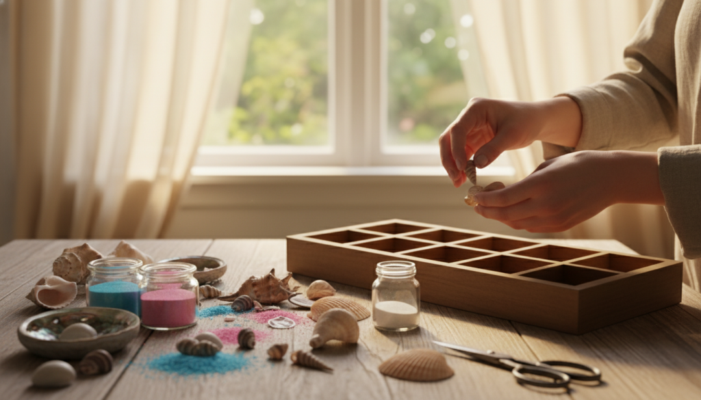 DIY seashell shadow box project featuring hands placing a seashell into a wooden compartment box on a table with scattered shells, colored sand in small jars, scissors, and soft natural light from a nearby window.