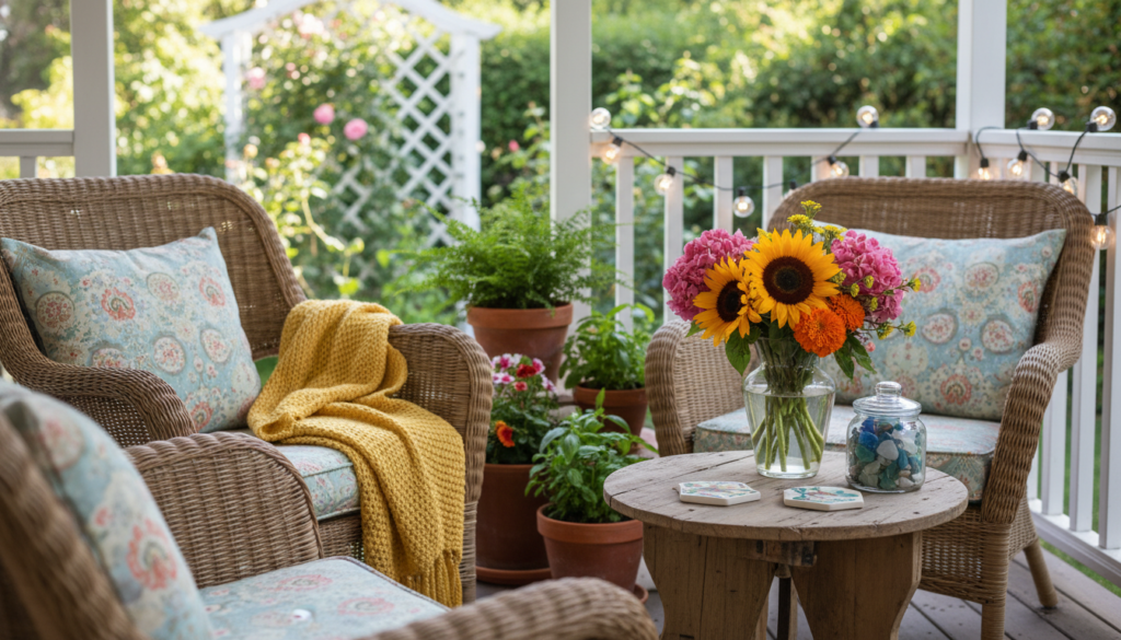 Cozy summer porch decor ideas for small spaces featuring wicker chairs with blue floral cushions, a mustard knitted blanket, a small wooden table with a colorful bouquet of flowers, a glass jar with decorative items, floral coasters, potted plants, string lights on the railing, and a lush garden in the background.
