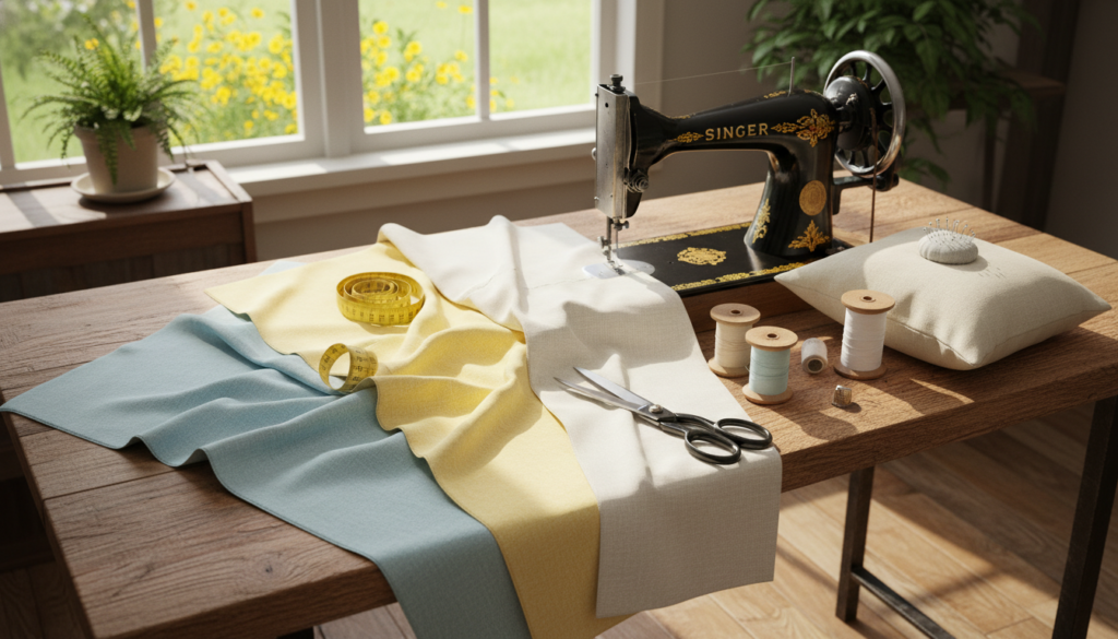 No‑sew linen throw pillows for summer featuring a sewing workspace with a vintage sewing machine on a wooden table, colorful fabric pieces, scissors, thread spools, a measuring tape, and natural light coming through a window with plants outside.