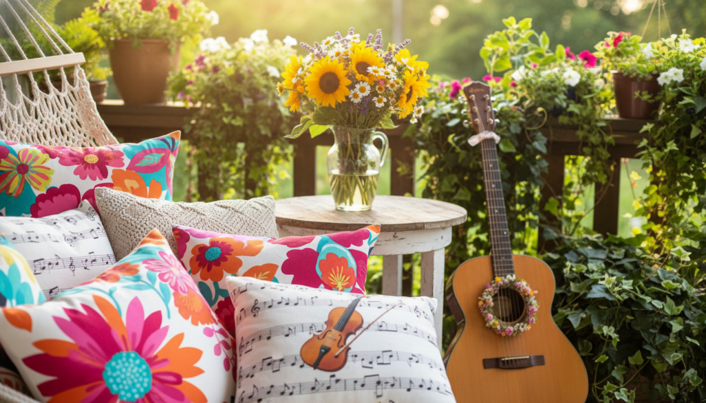 Cozy summer porch decor ideas for small spaces featuring a cushioned outdoor seat with colorful floral and music‑themed pillows, a rustic wooden table with a glass pitcher of water and a bouquet of sunflowers and wildflowers, a guitar decorated with a floral wreath, and lush greenery surrounding the space in warm sunlight.