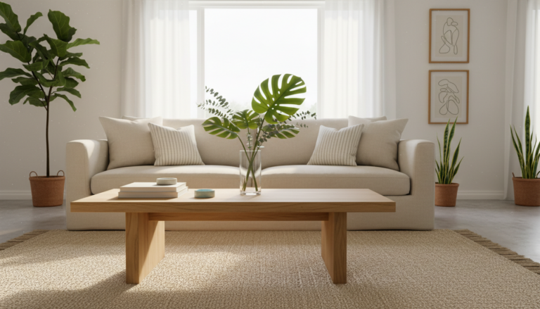 Minimalist summer decor featuring a bright living room with a light sofa, neutral striped cushions, a simple wooden coffee table with a glass vase of green leaves, woven beige rug, potted plants, sheer curtains, and two abstract line‑art frames on the wall.