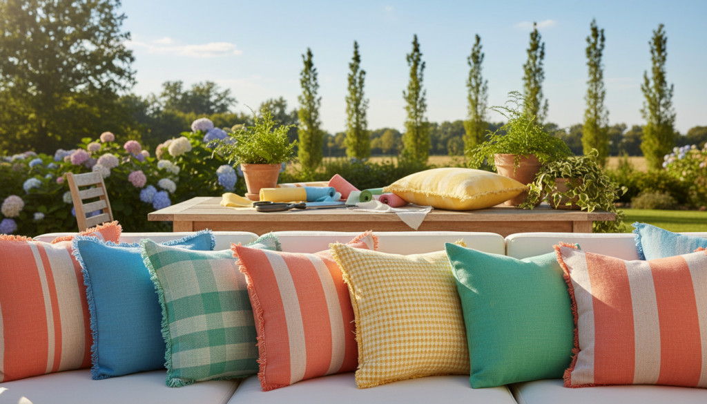 No‑sew linen throw pillows for summer featuring an outdoor garden seating area with a cushioned sofa decorated with colorful patterned pillows in coral, turquoise, yellow, and blue, a wooden table with potted plants and fabric rolls, and blooming hydrangeas and tall trees in the background.
